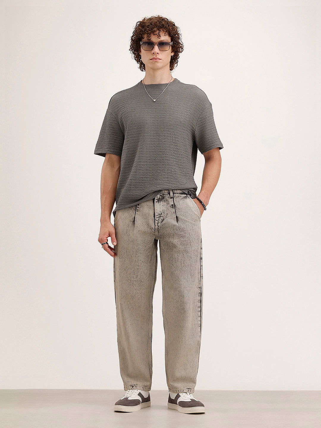 Loose Fit Pleated Denim Jeans | Grey