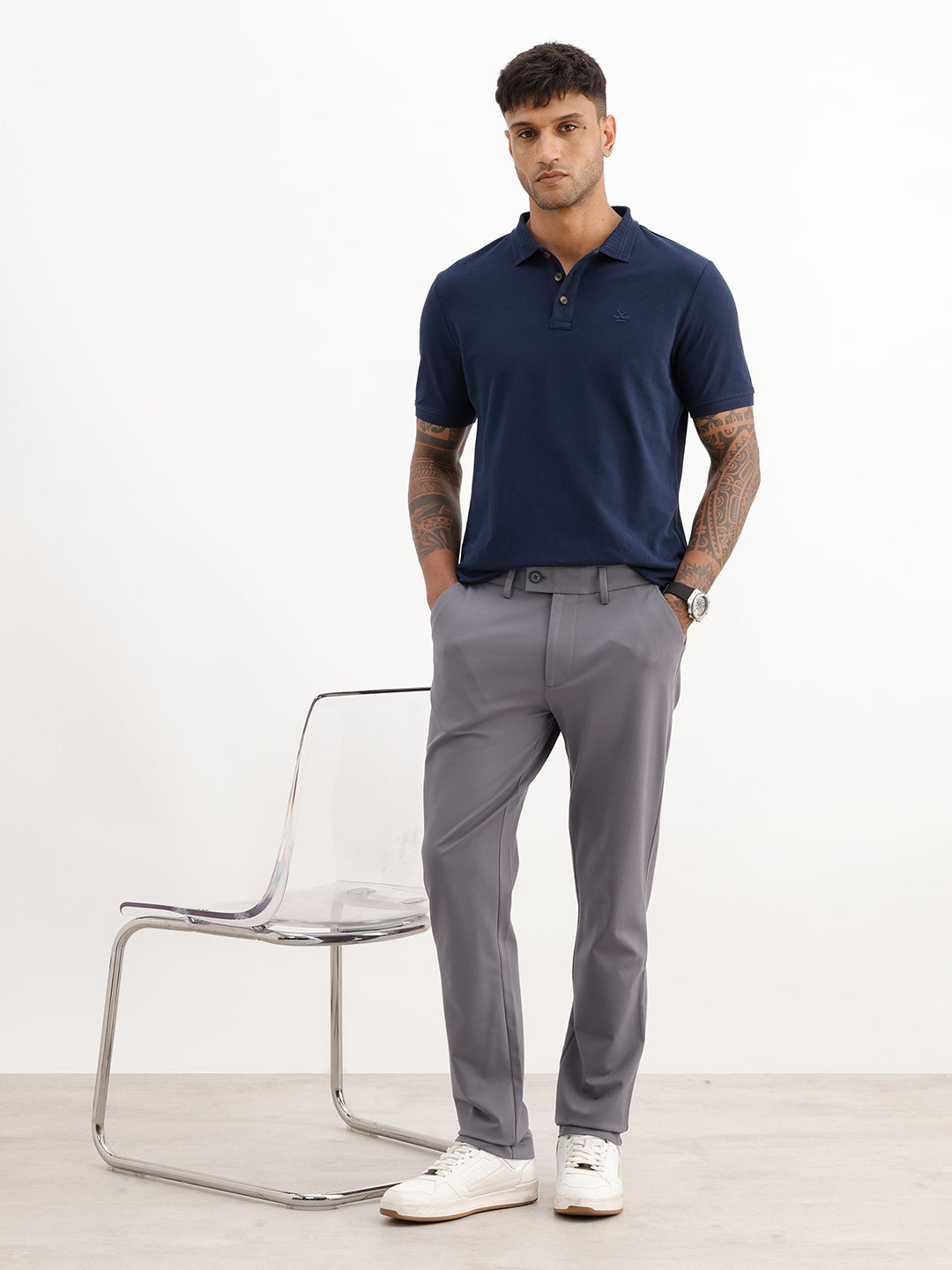 Solid Slim Fit Cotton Blend Trouser | Grey