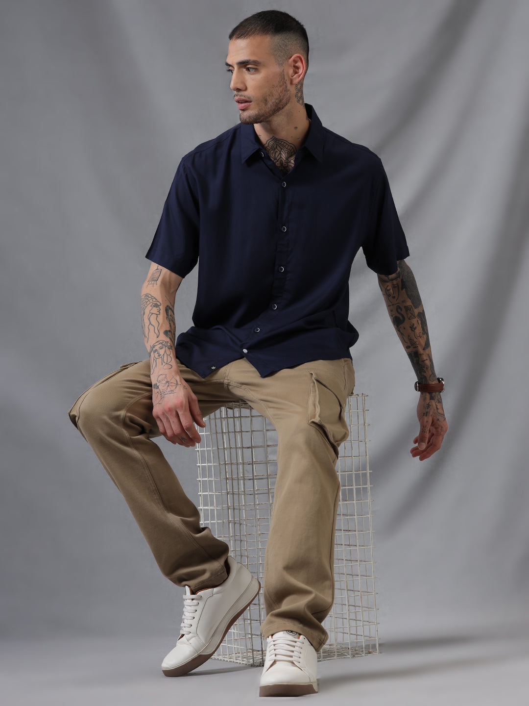 Solid Dark Blue Viscose Shirt