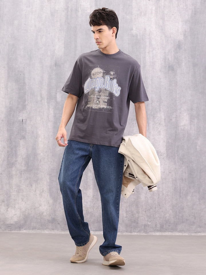 Retro Graphic Printed Oversized Fit T-shirt | Dark Grey