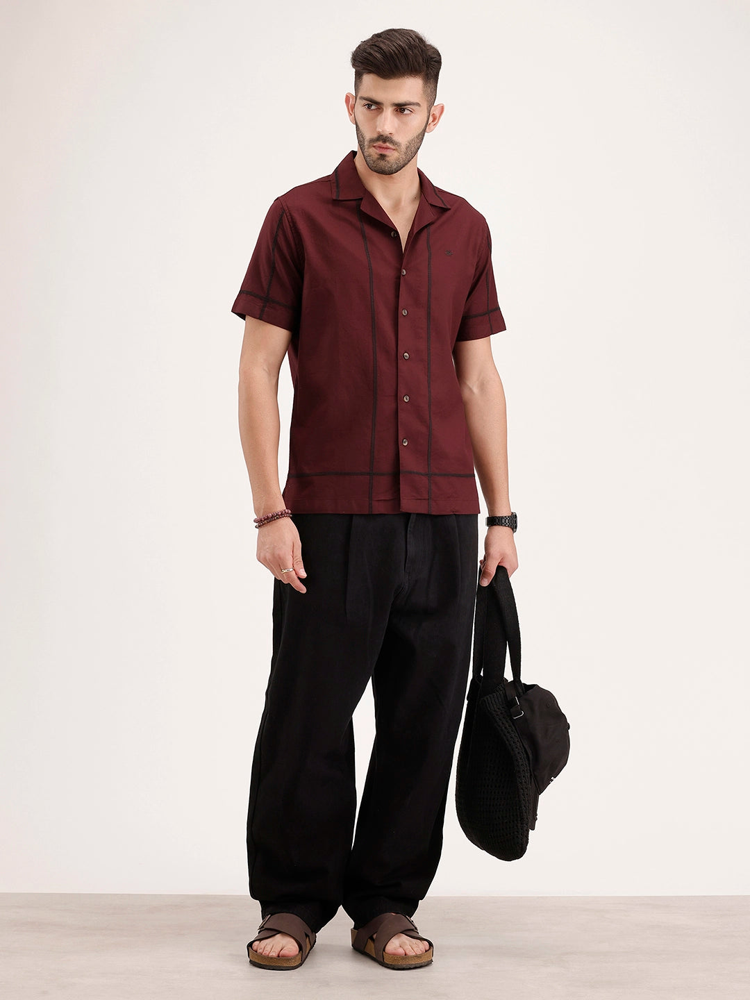 Resort Collar Embroidered Shirt | Wine