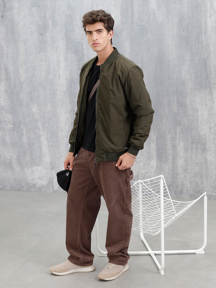 Men's Casual Solid Bomber Jacket | Olive