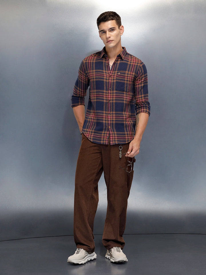 Men's Casual Slim Fit Checkered Pattern Shirt | Navy Blue