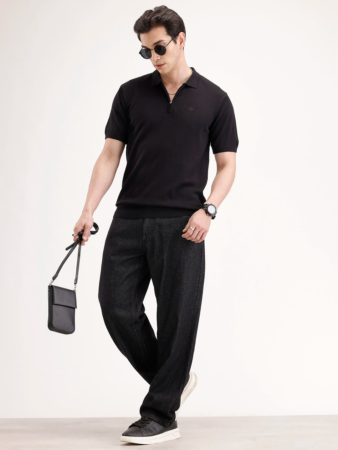 Slim Fit Flat Knit Polo T-Shirt | Black