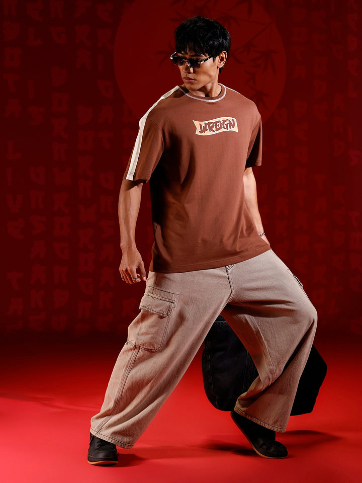 Oversize chest print T-shirt with contrast shoulder and Stitch detail | Brown