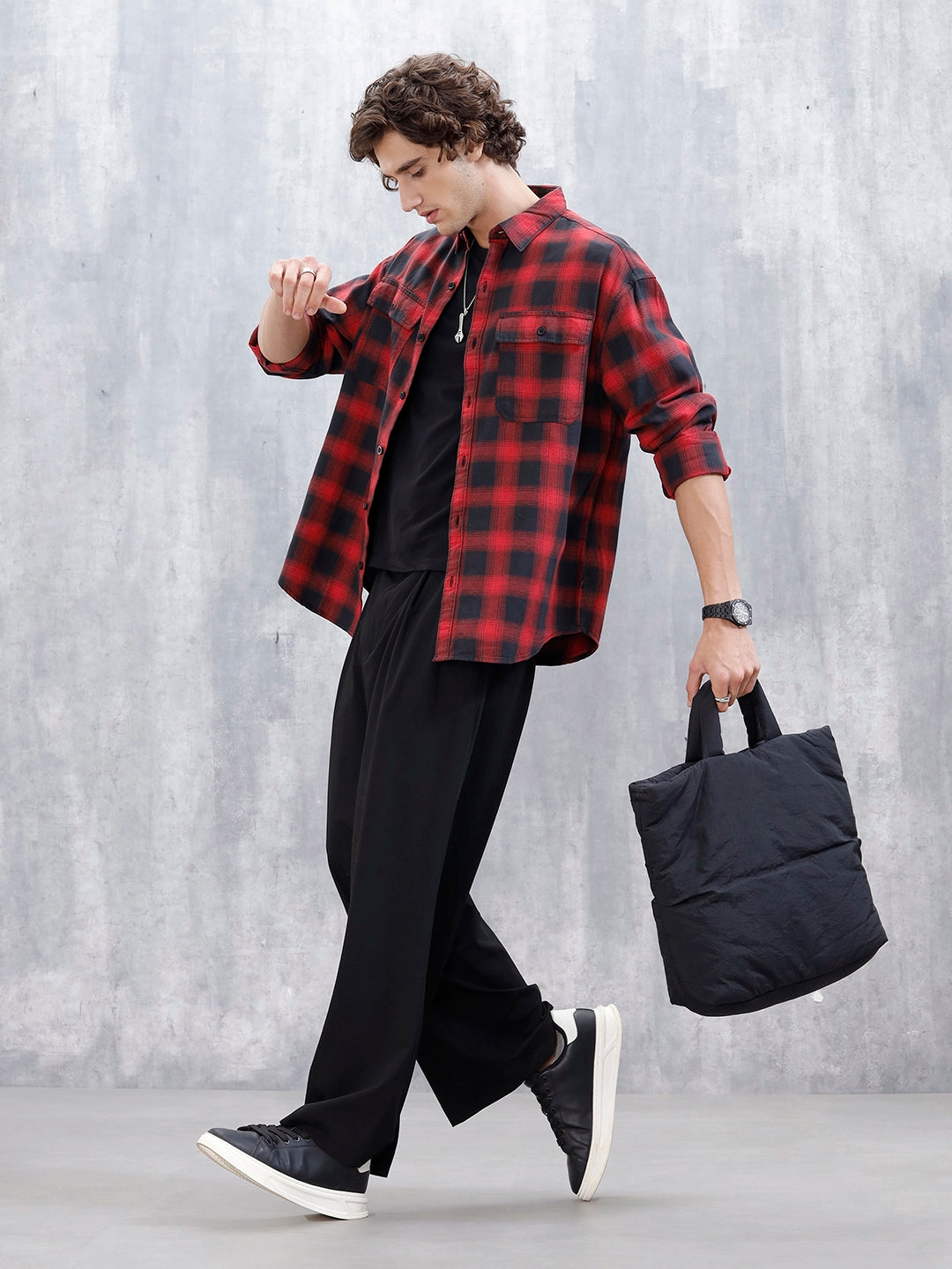 Wrogn Men's Drop-Shoulder Checked Oversized Casual Shirt | Red