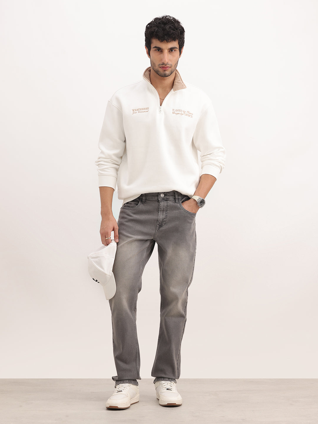 Washed Straight Fit Denim Jeans | Light Grey