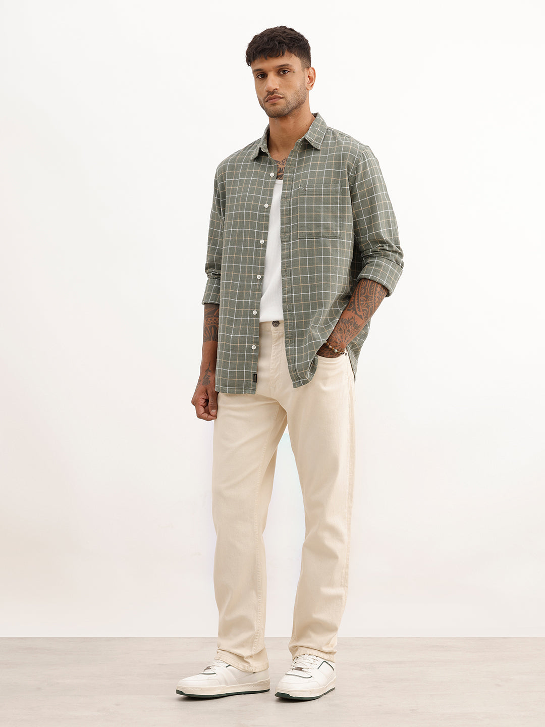 Checkered Slim Fit Full Sleeve Shirt | Olive | WSH02FSSL7018W