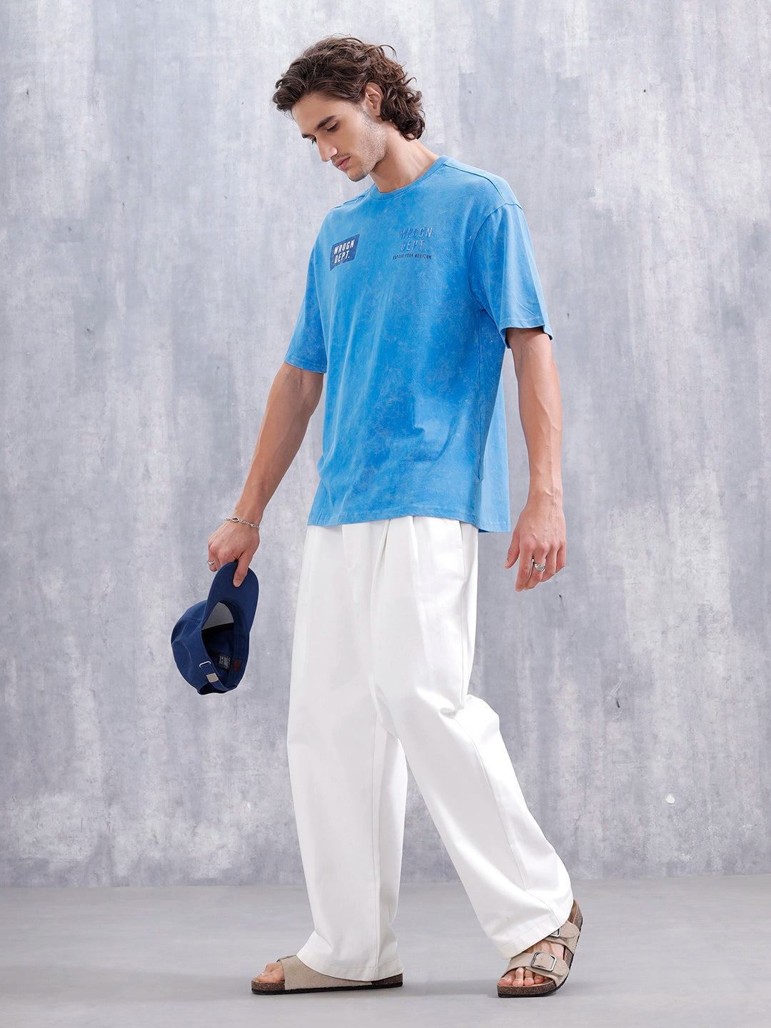 Washed Oversized Crew Neck Tshirt With Print | Blue