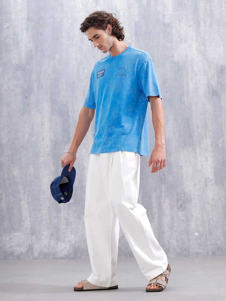Washed Oversized Crew Neck Tshirt With Print | Blue