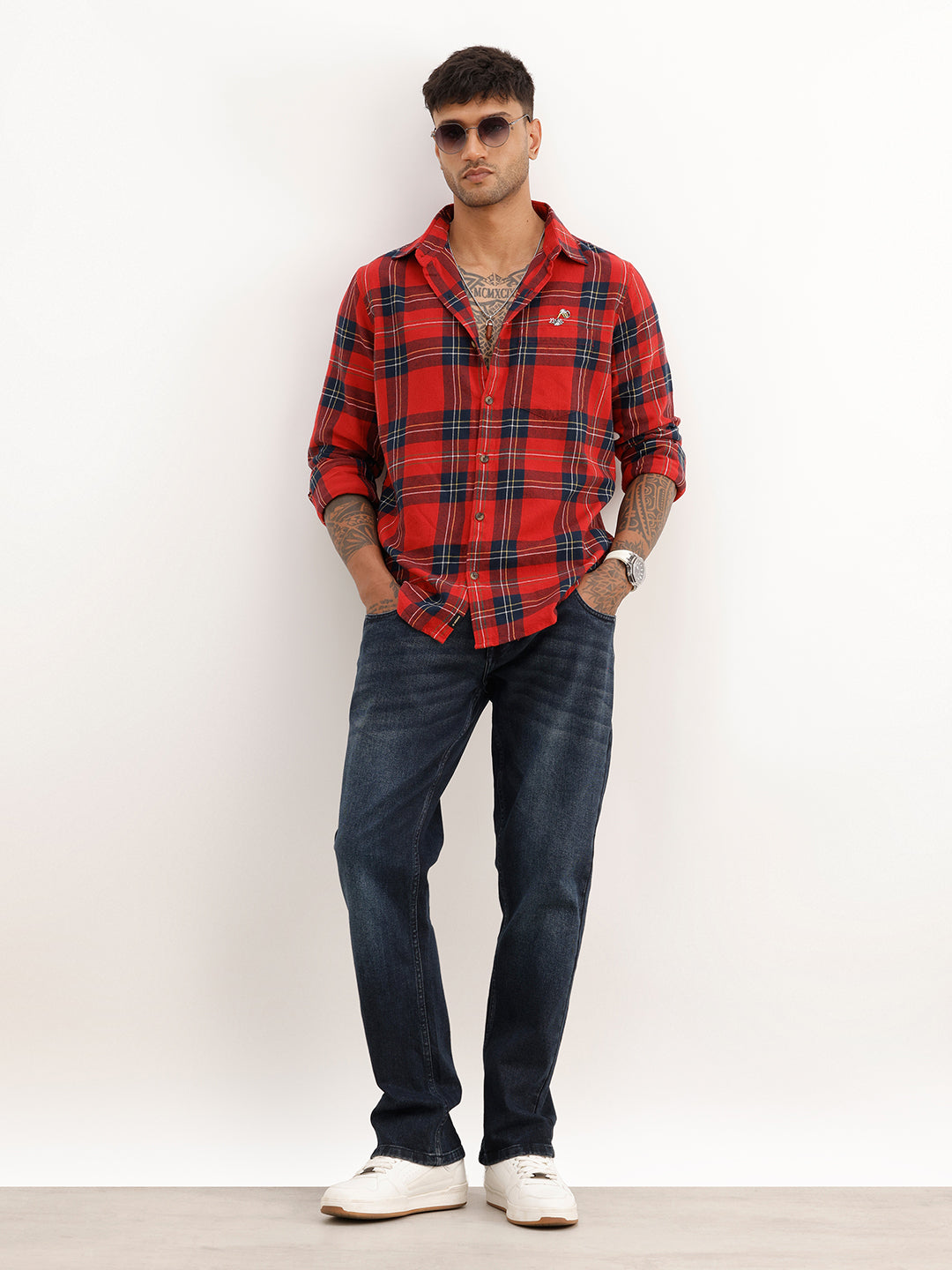 Slim Embroidery Detail Checkered Shirt | Red