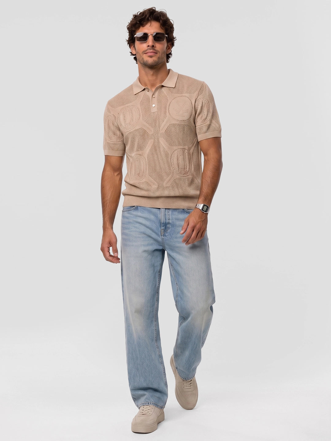 Classic Oversized Flatknit Polo T-Shirt | Brown