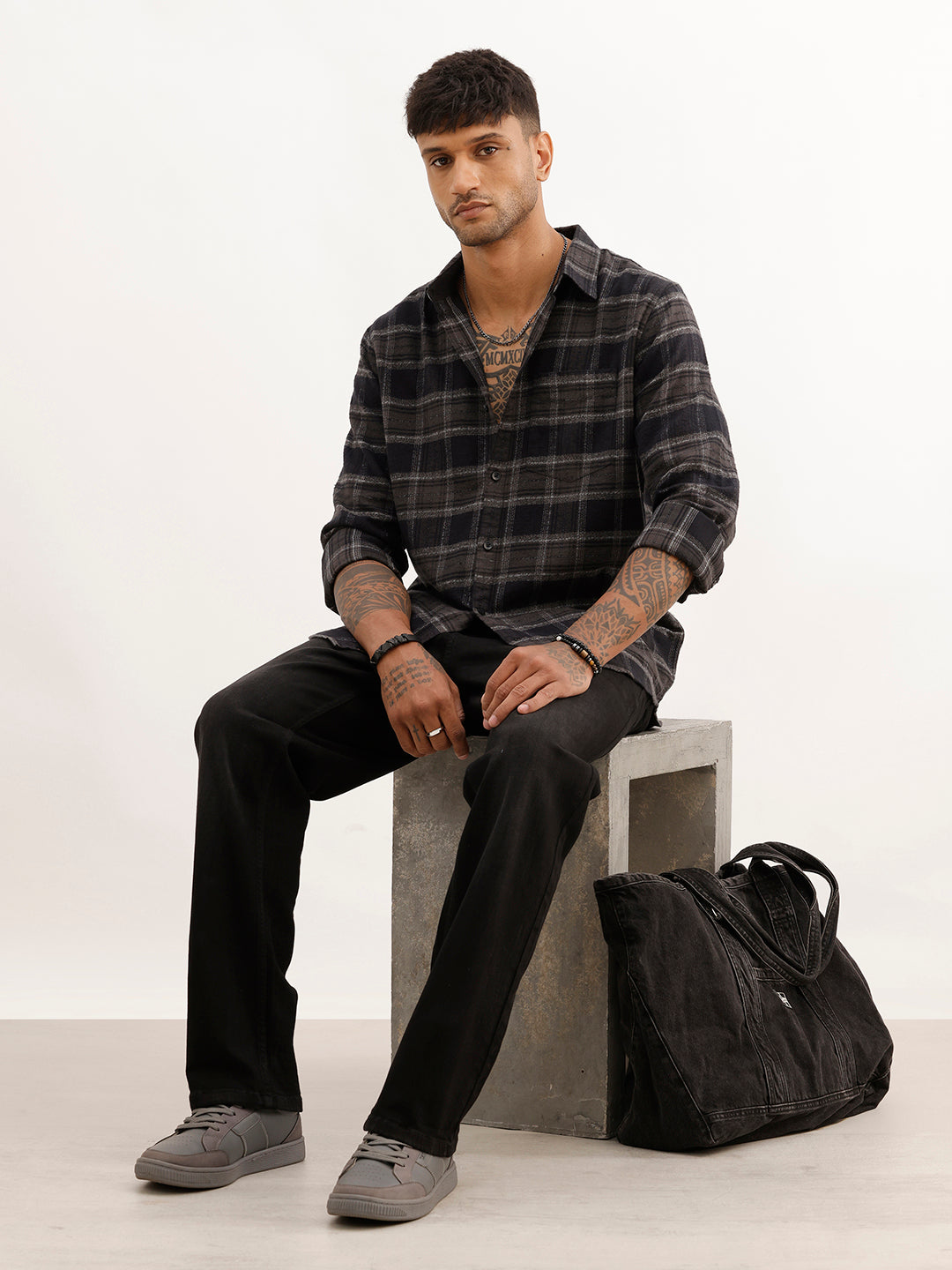 Checkered Slim Fit Full Sleeve Shirt | Black