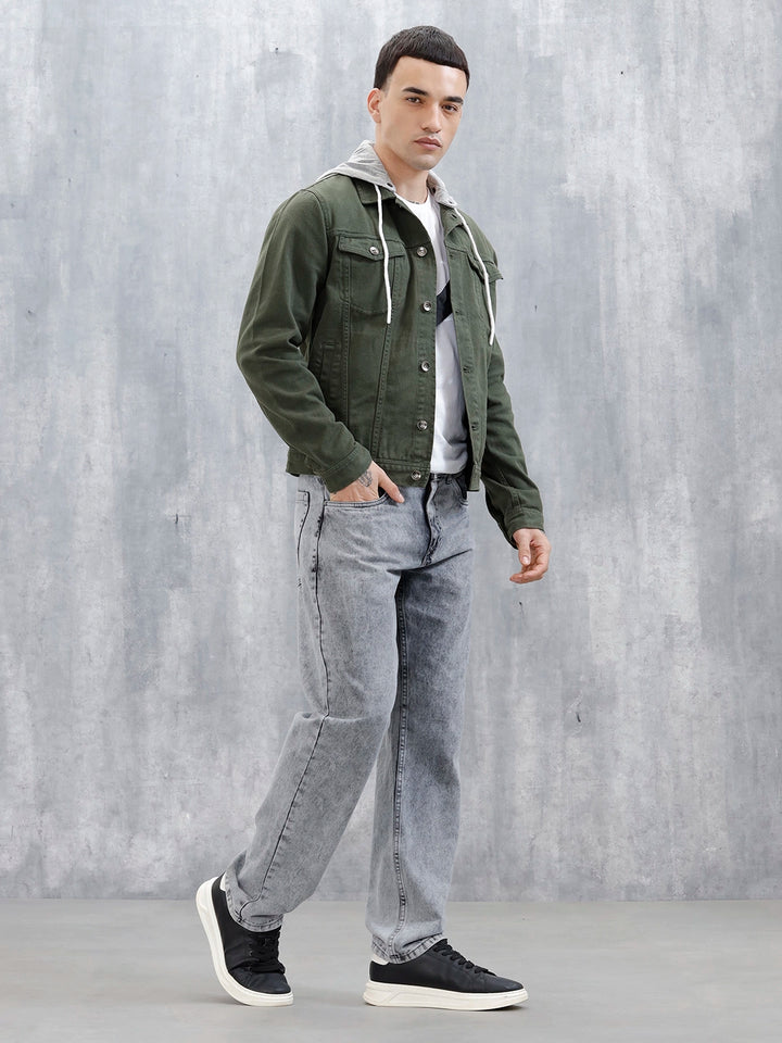 Wrogn Men's Casual Hooded Denim Jacket | Olive