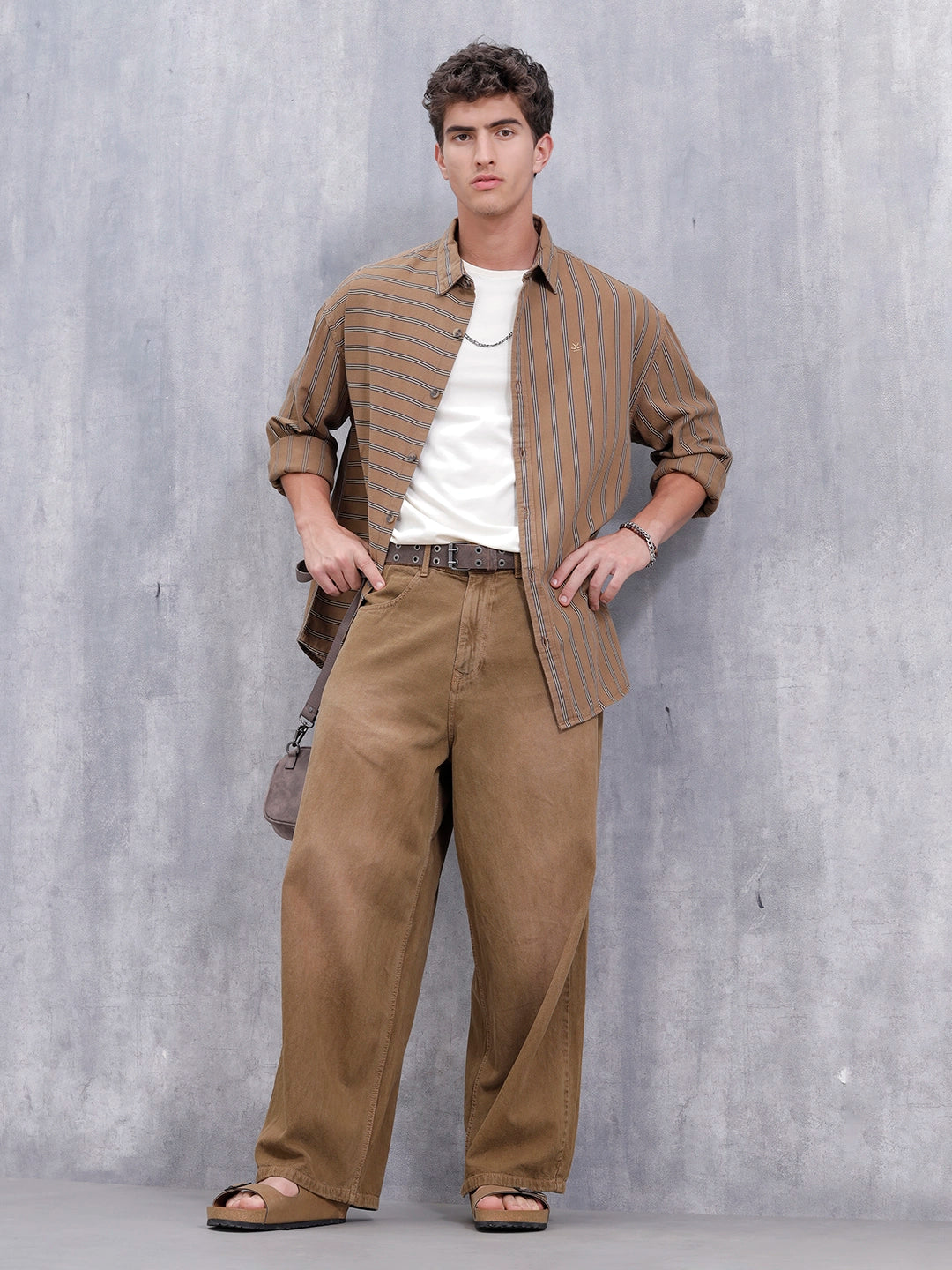 Asymmetrical Striped Oversized Shirt For Men | Brown