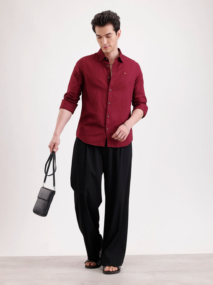 Solid Slim Fit Linen Blend Shirt  | Wine