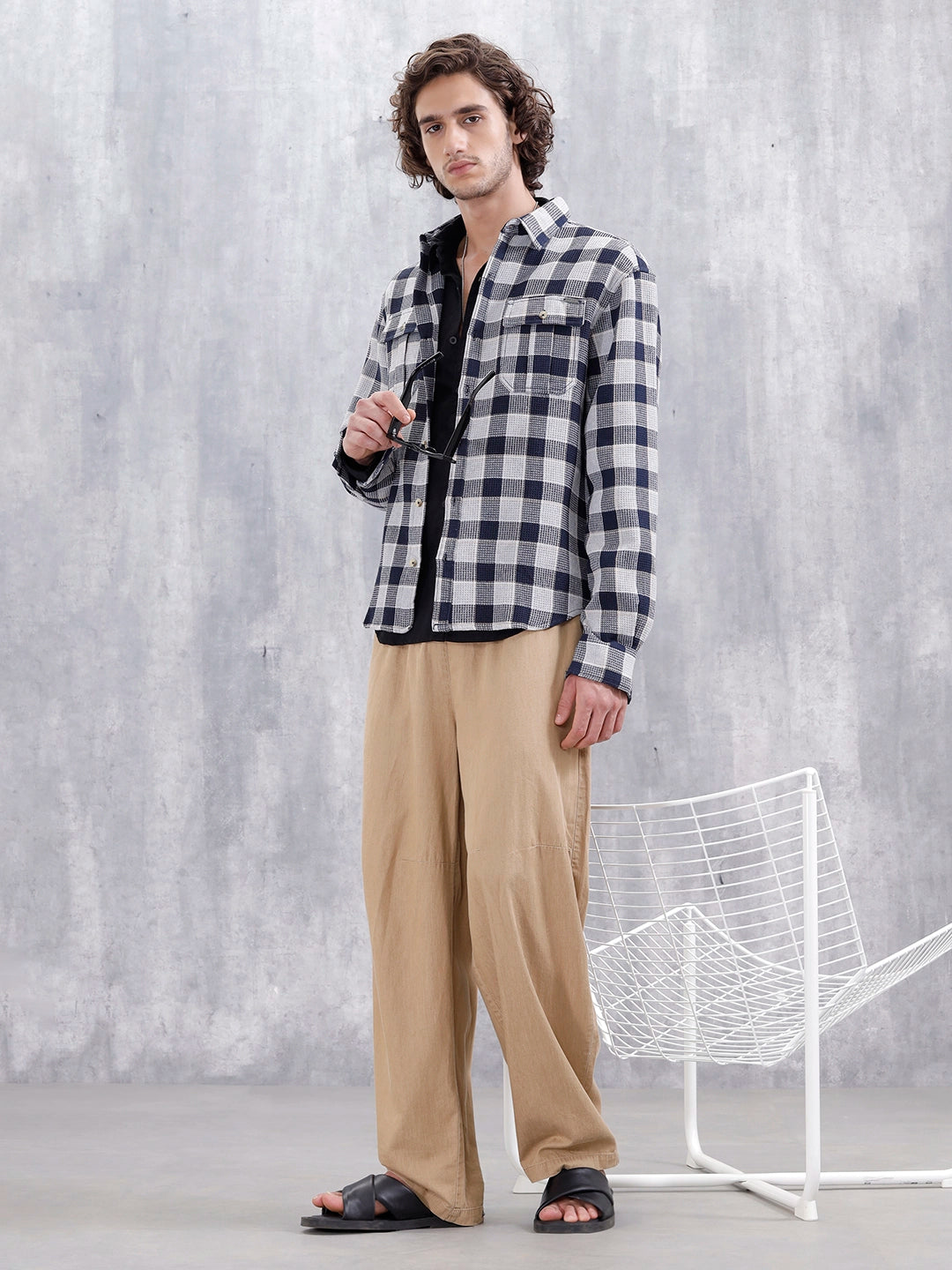 Checkered Pattern Double Pocket Comfort Fit Shirt | Navy Blue