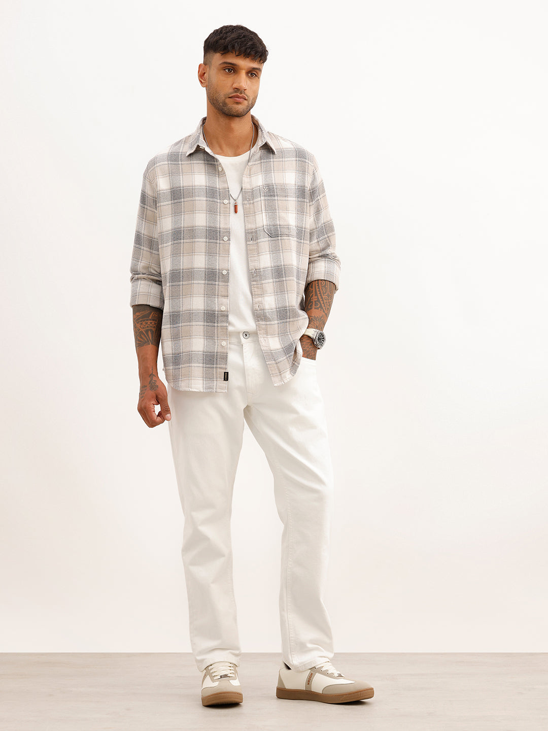 Slim Fit Checkered Full Sleeve Shirt | Grey