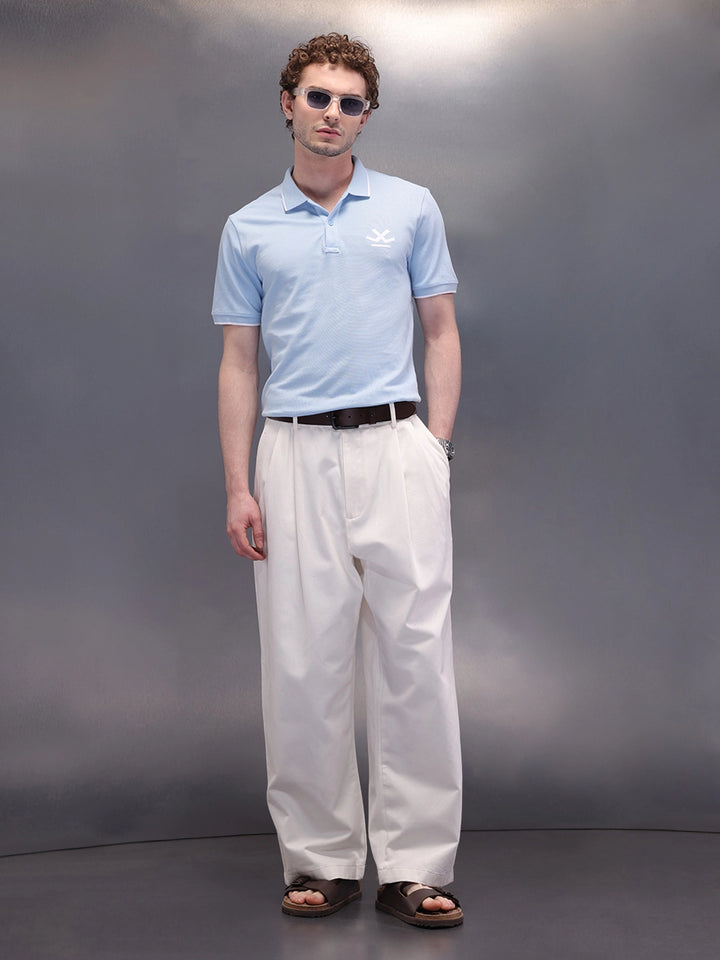 Solid Blue Logo Embroidered Polo T-Shirt