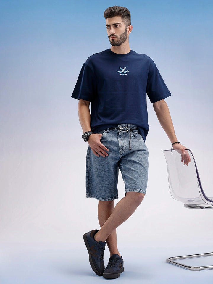 Oversized Fit Puffer Back Printed T-Shirt | Navy Blue
