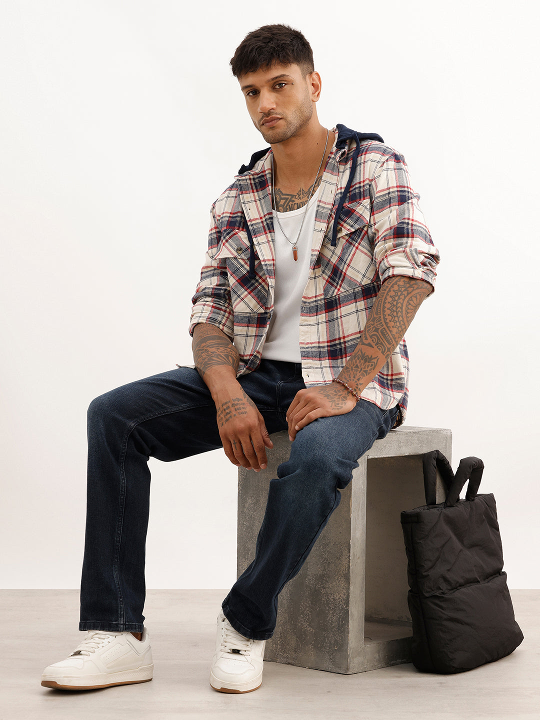 Regular Fit Checkered Hooded Shirt | Beige