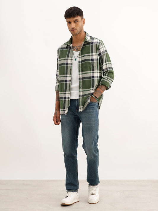 Regular Fit Checkered Full Sleeve Shirt | Olive