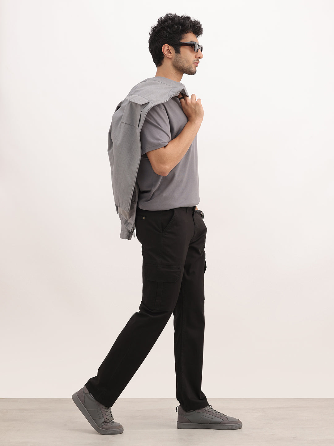 Solid Straight Fit Cargo Trousers | Black