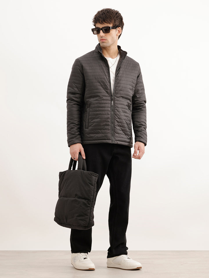 Solid Regular Fit Puffer Jacket | Black