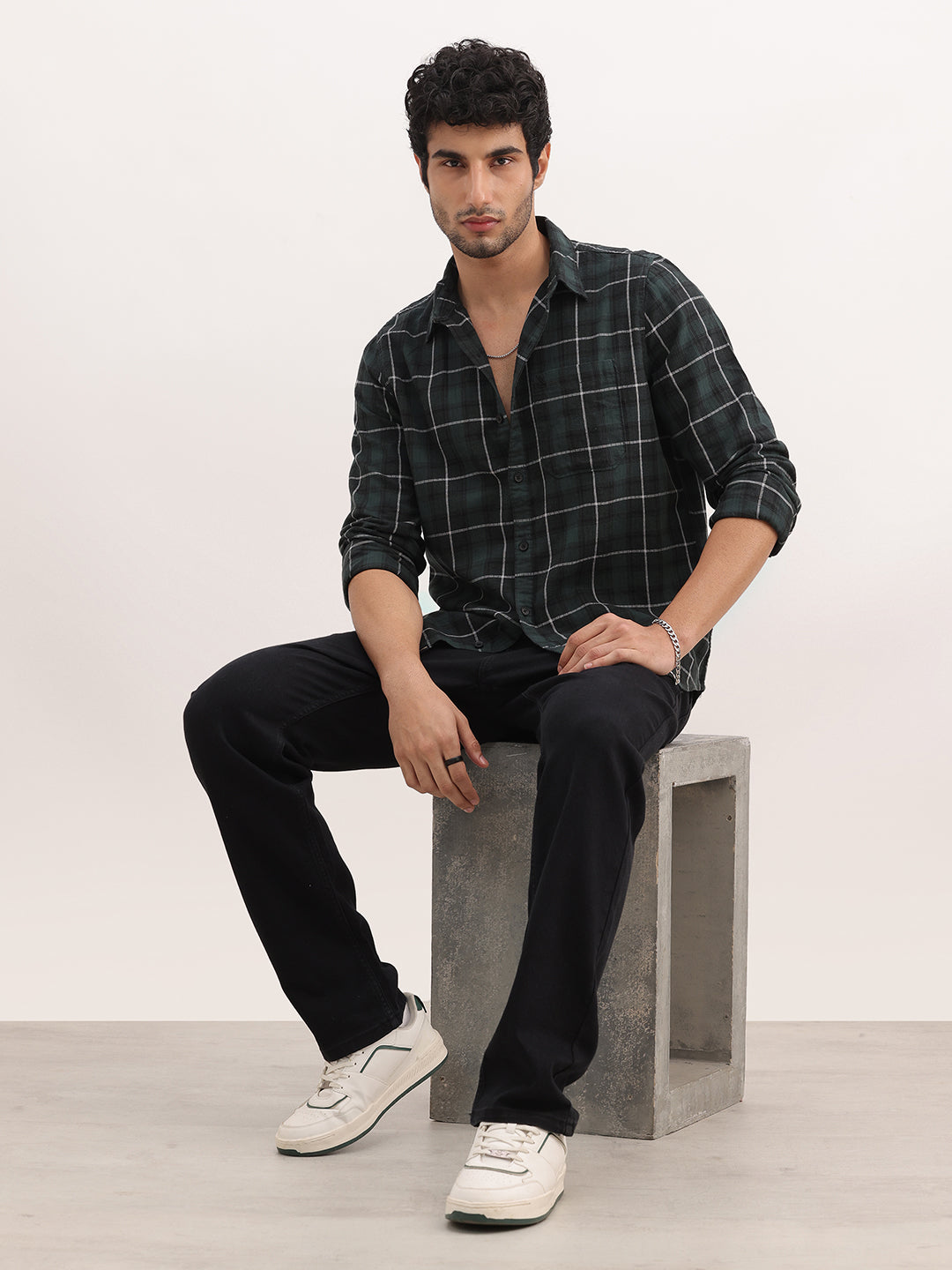 Slim Fit Checkered Full Sleeve Shirt | Dark Green