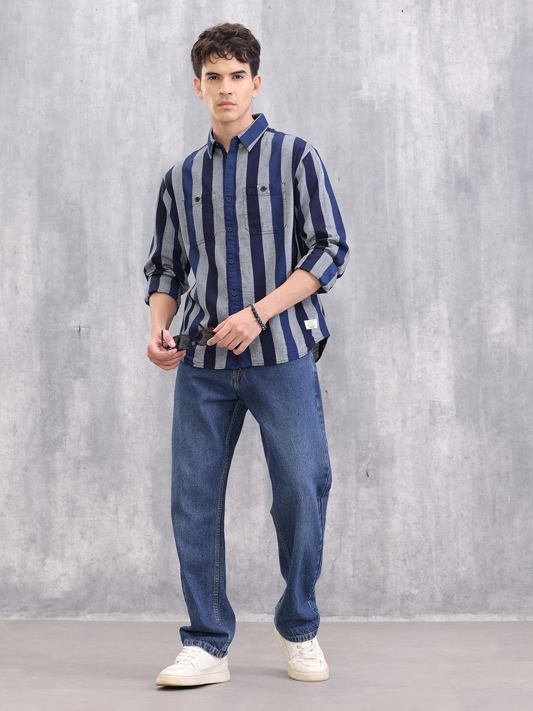 Textured Striped Cotton Shirt | Blue