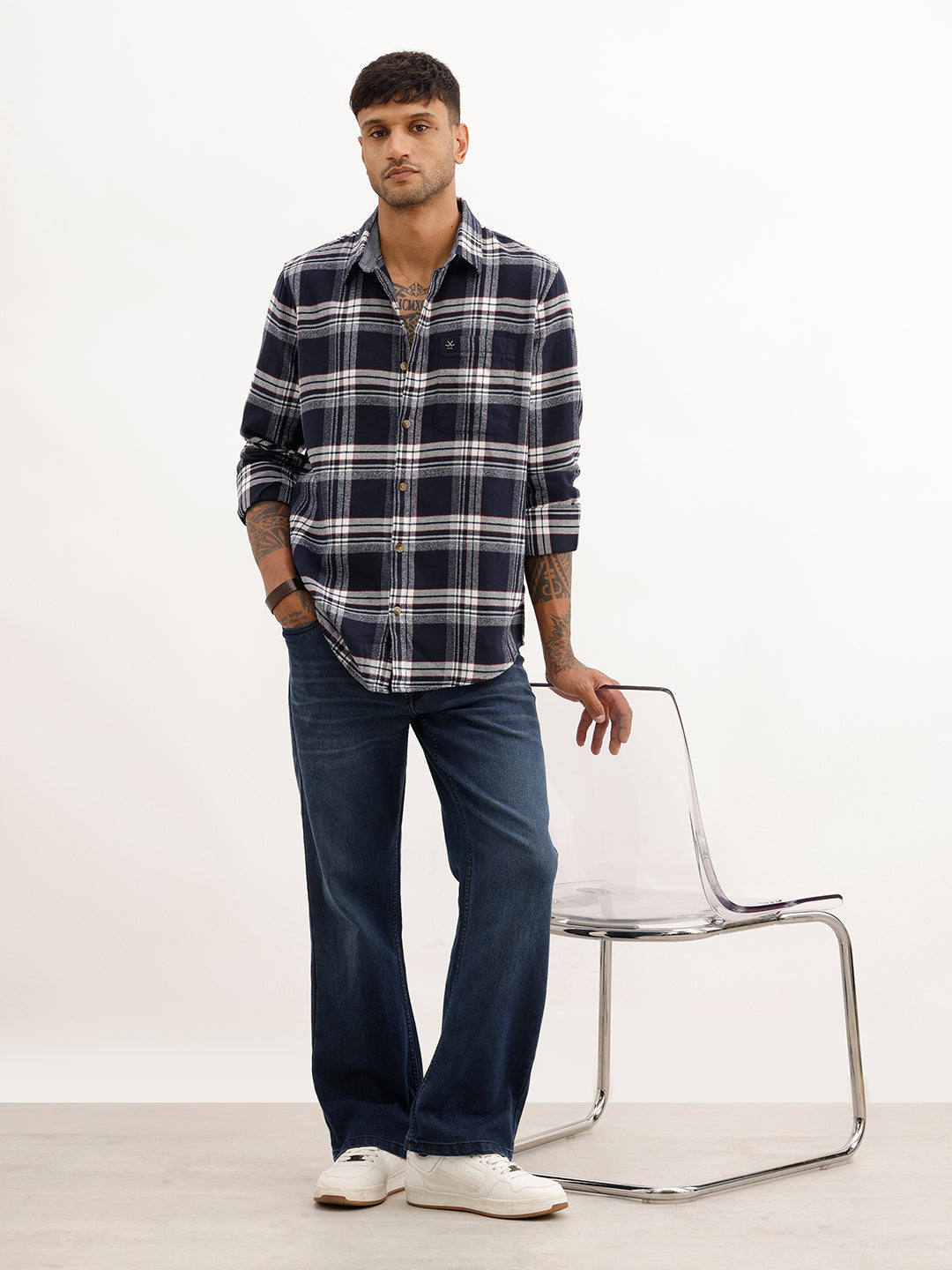 Slim Fit Flannel Full Sleeve Shirt | Navy Blue