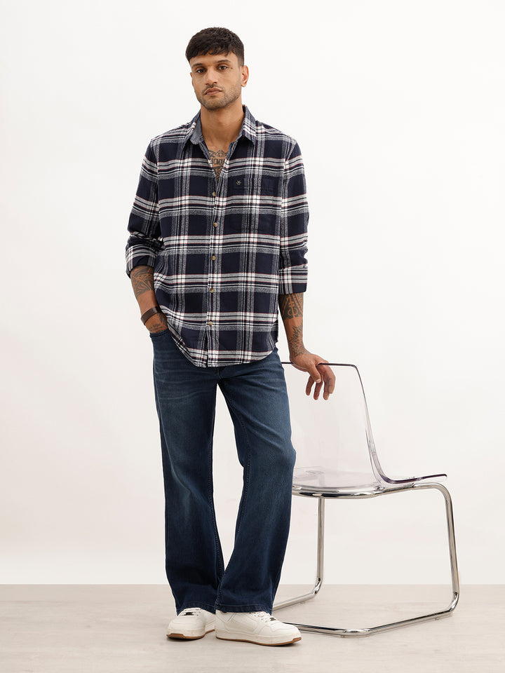 Slim Fit Checkered Full Sleeve Shirt | Navy Blue