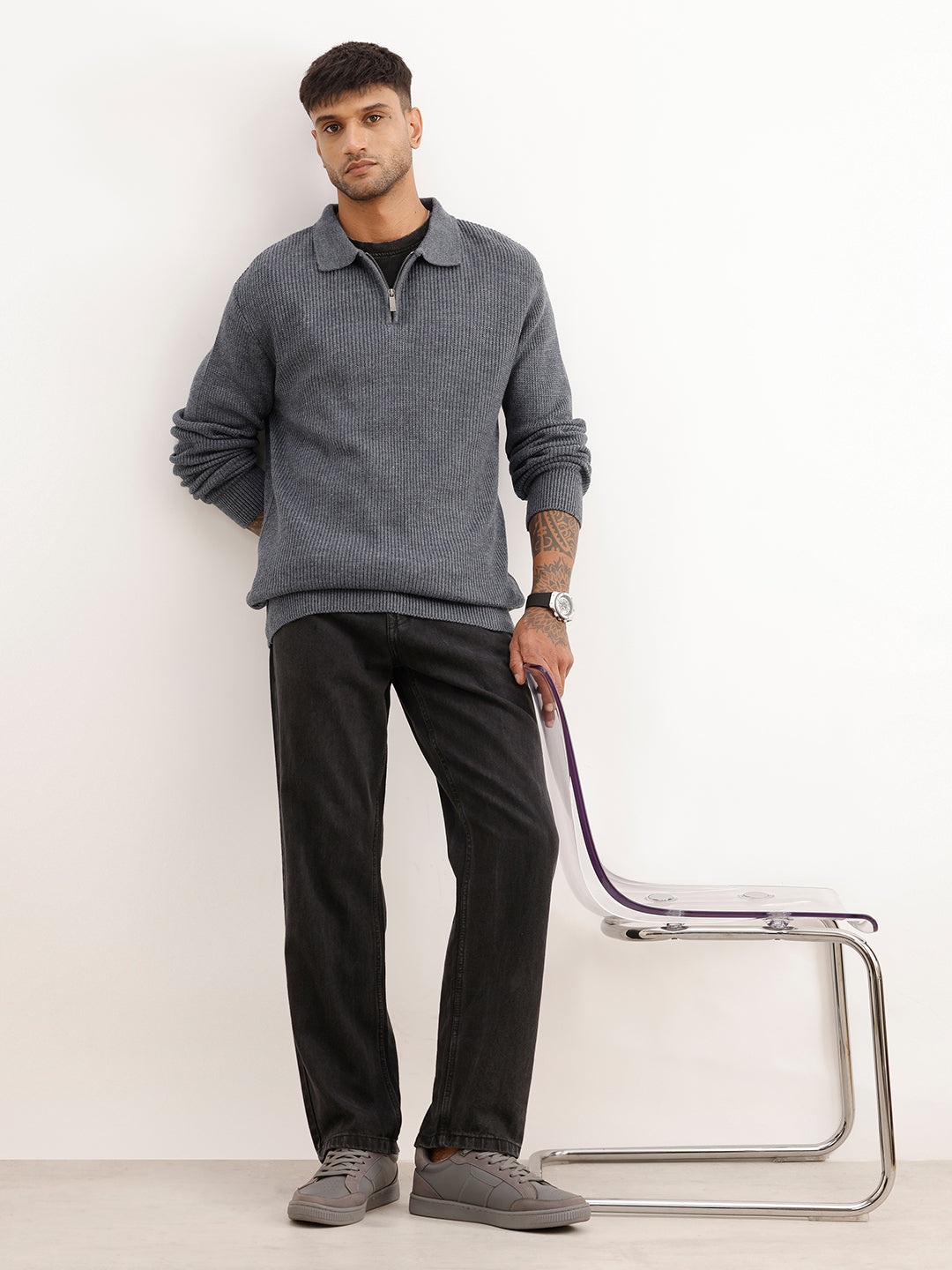 Regular Fit Textured Quater Zipper Sweater | Grey