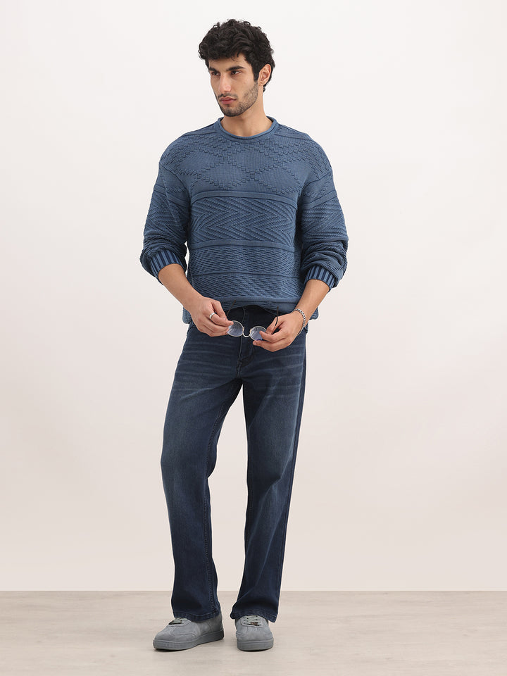 Textured Oversized Fit Knitted Sweater | Blue