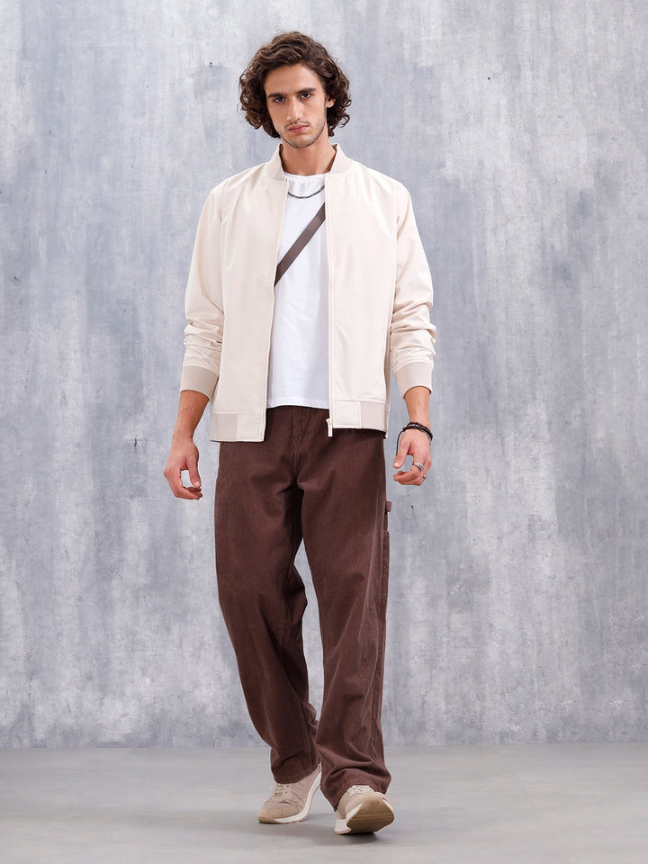 Men'S Solid Casual Bomber Jacket | Beige