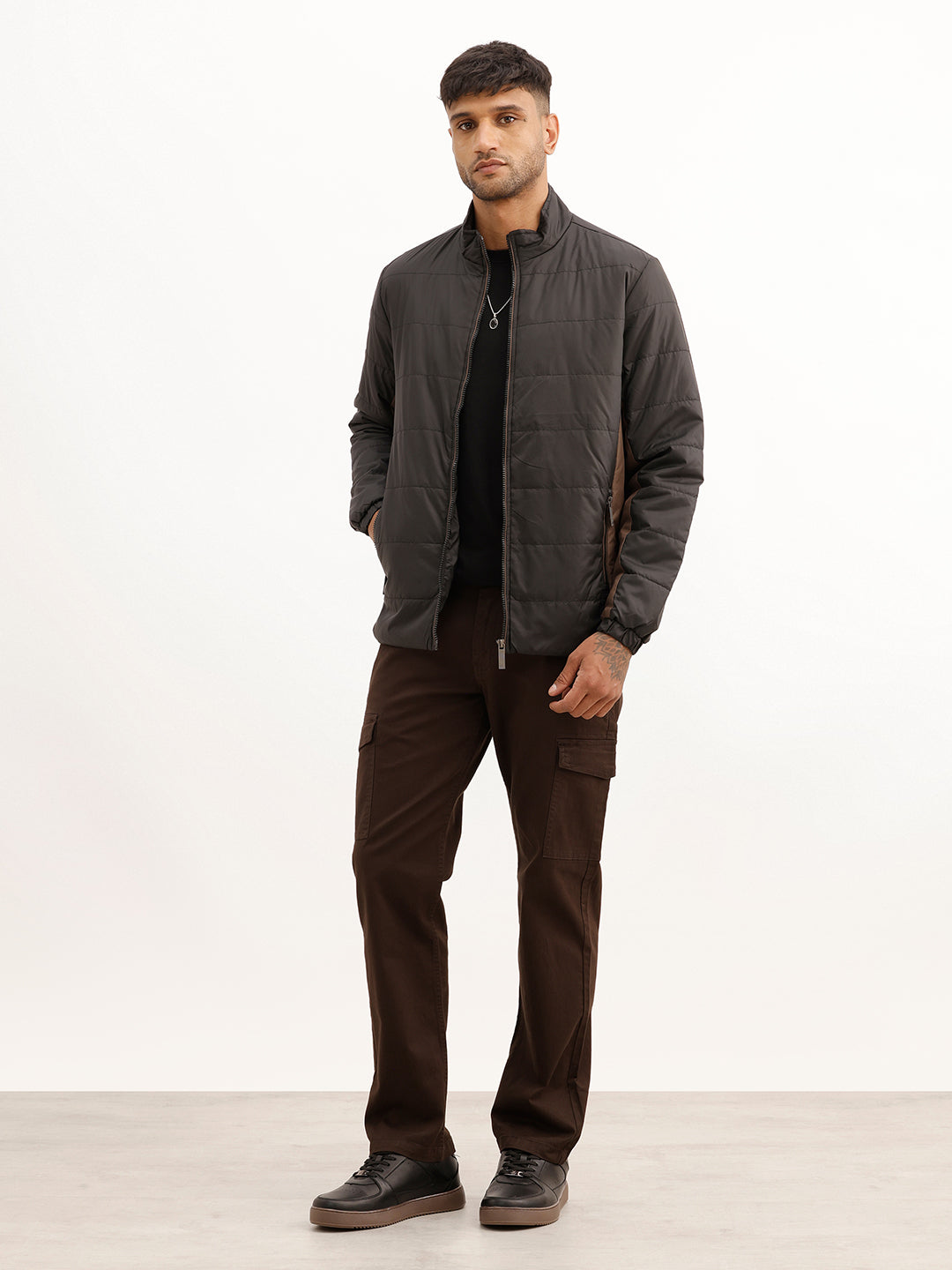 Solid Regular Fit Zipper Puffer Jacket | Black