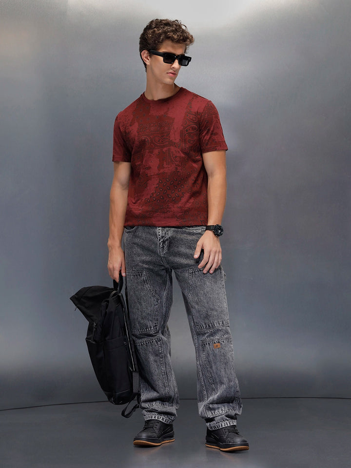 Men's slim fit Casual Tshirt with Paisley AOP  | Maroon