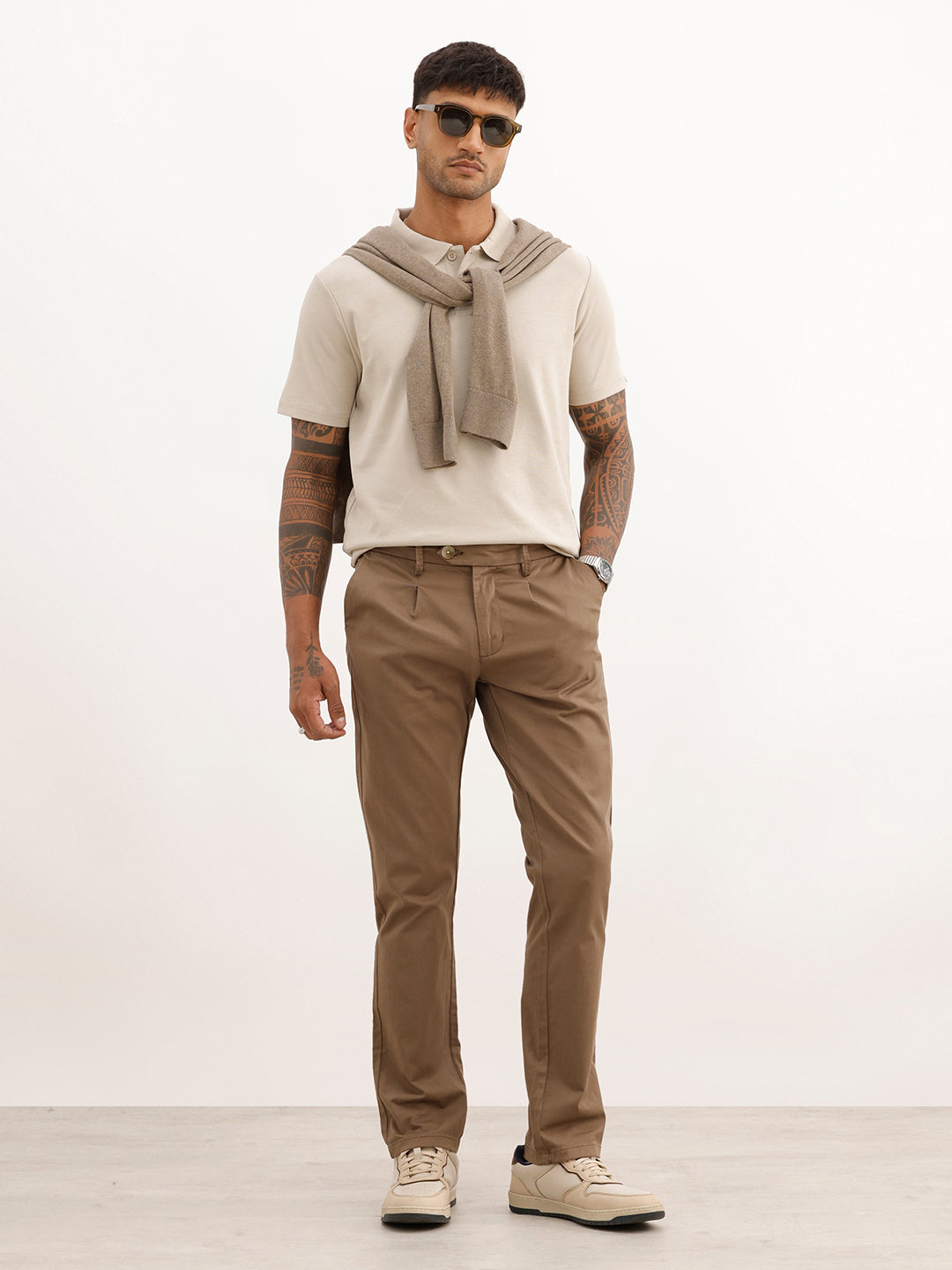 Solid Slim Fit Pleated Trouser | Olive