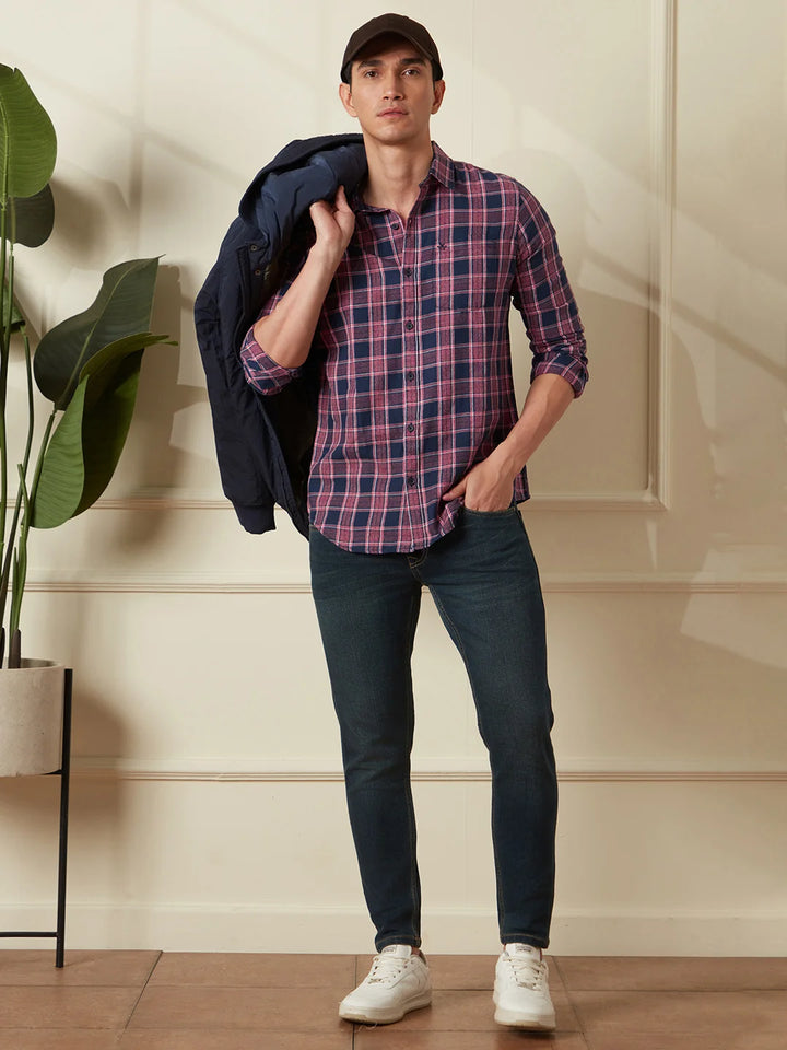 Textured Checks Slim Fit Shirt | Red