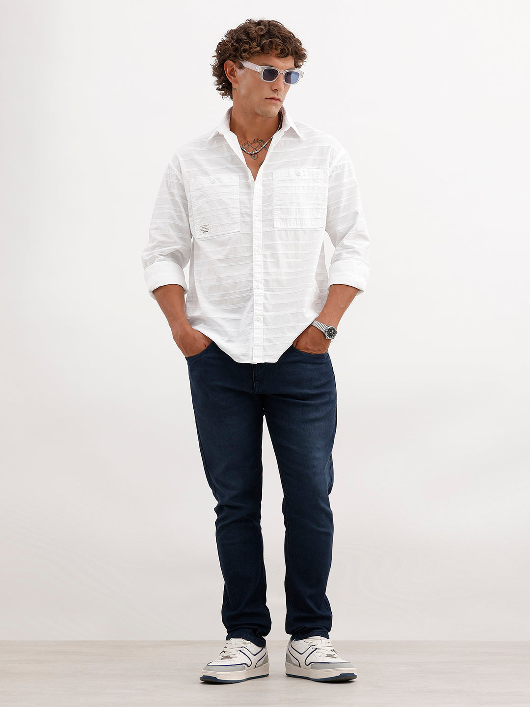Textured Regular Fit Double Pocket Shirt | White