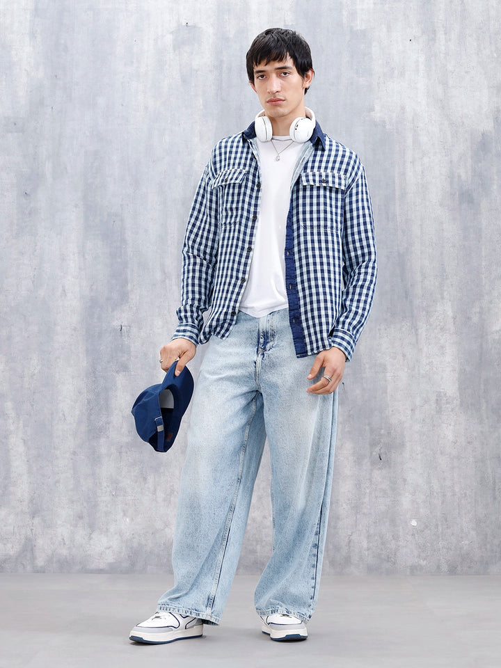 Men's Causal Oversized Fit Checkered Pattern Shirt | Blue