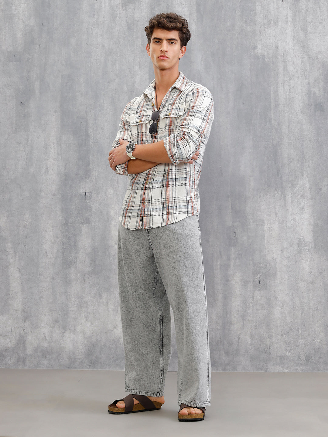 Textured Utility Check Shirt In Slim Fit | White