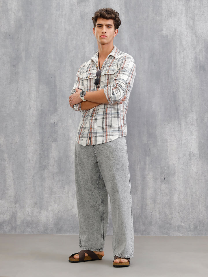 Textured Utility Check Shirt In Slim Fit | White