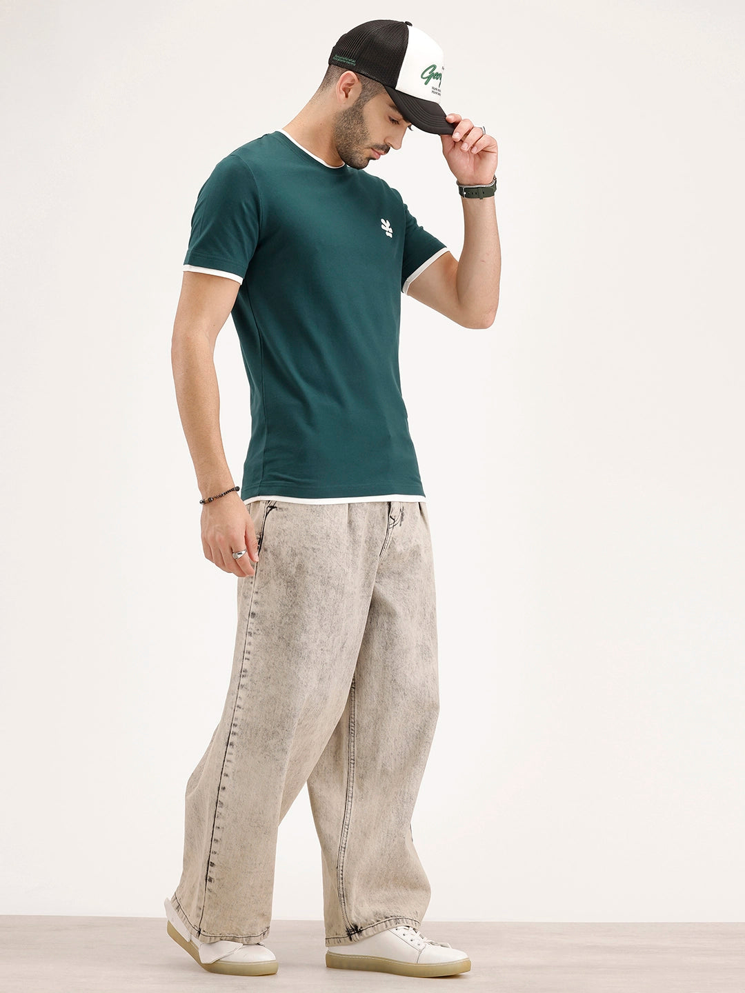 Reular Fit Contrast Collar HD Printed T-Shirt | Dark Green