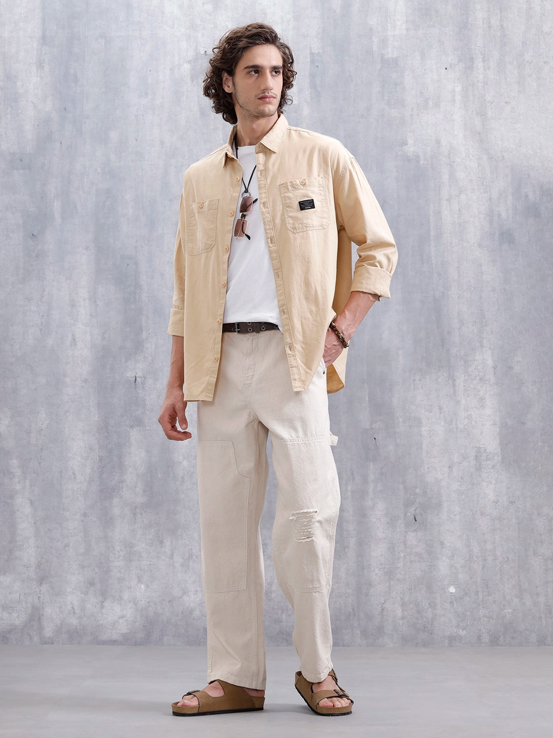 Oversized Fit Double Pocket Solid Shirt | Beige