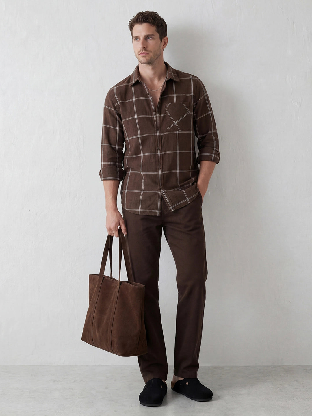 Slim Fit Checkered Shirt | Brown