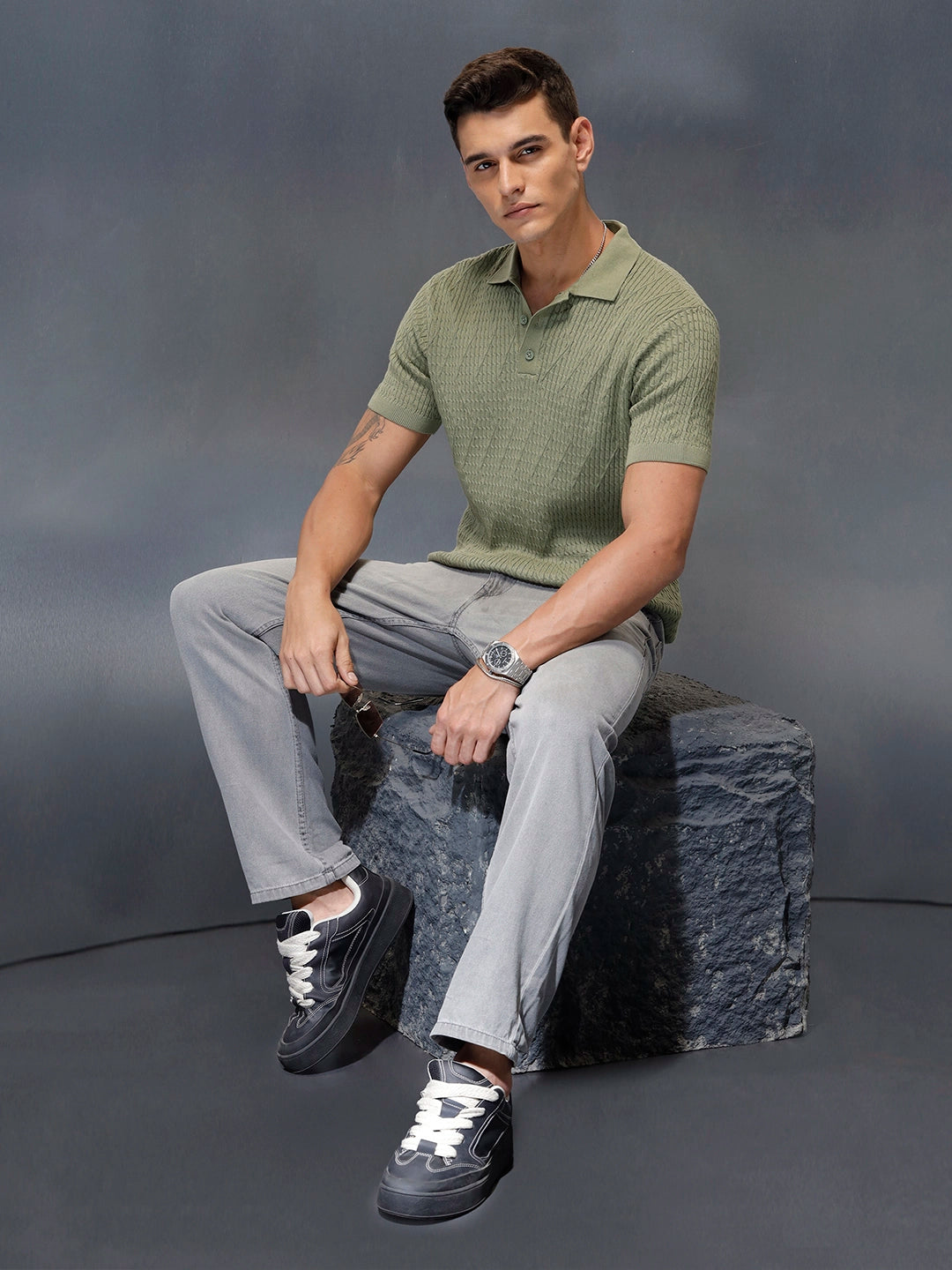 Textured Knit slim fit Polo T-shirt | Olive