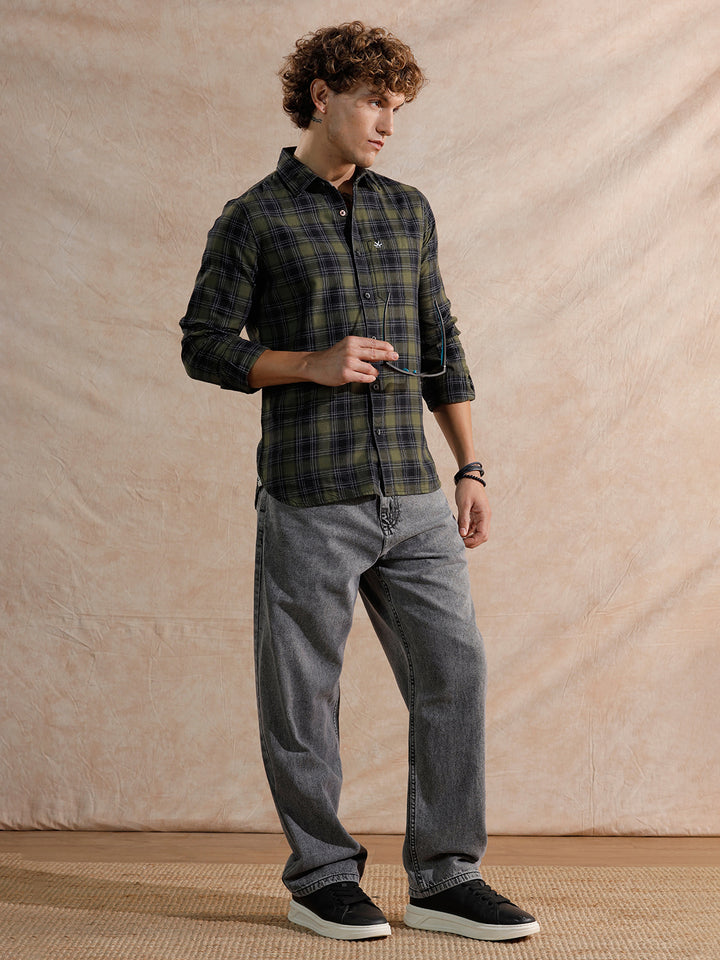 Tonal Herringbone Checked Fit Shirt | Green