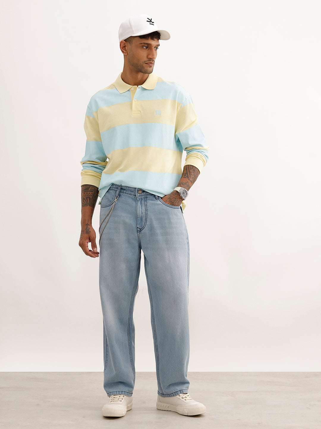 Oversized Full Sleeve Striped Polo T-Shirt | Yellow