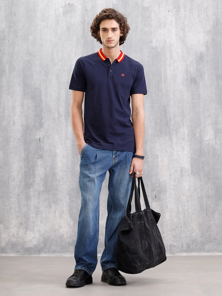 Solid Contrast Collar Polo T-Shirt  | Navy Blue